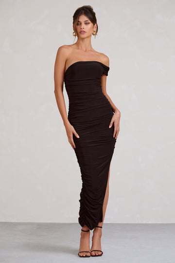 Celine Black Asymmetric One Shoulder Ruched Maxi Dress With Curved Cut Out
